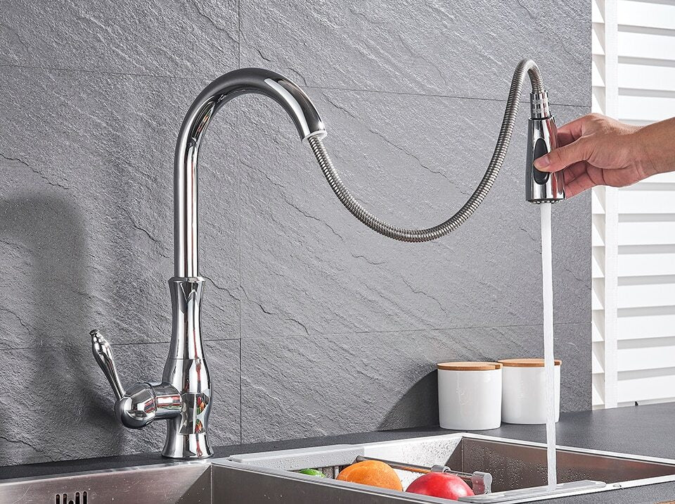 Retractable Pull-Out Kitchen Faucet | Brushed Nickel Finish | Single Lever Control | Durable Corrosion-Resistant Design
