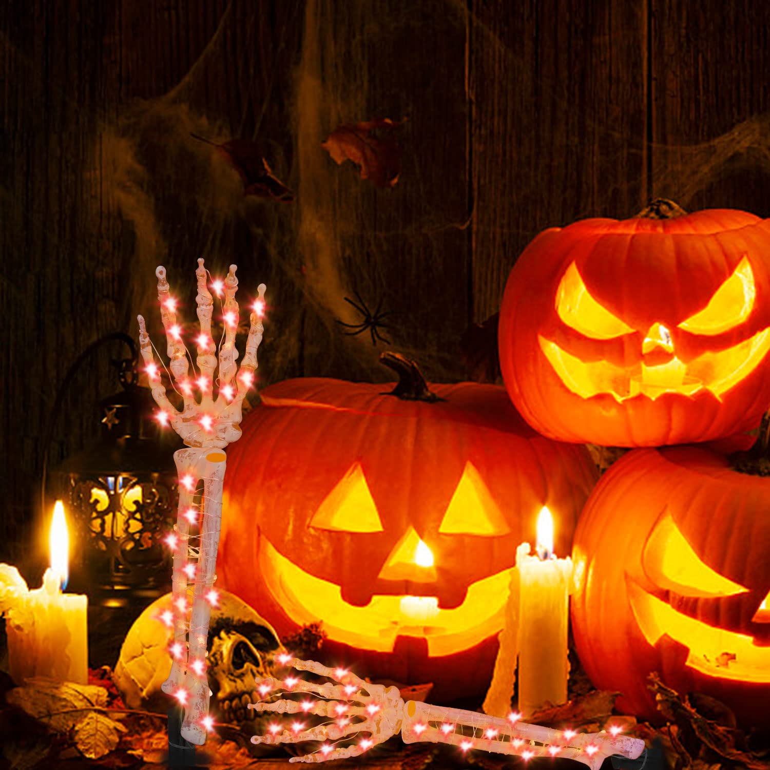 Glowing Halloween Skeleton Arm Stakes with Orange LED Lights