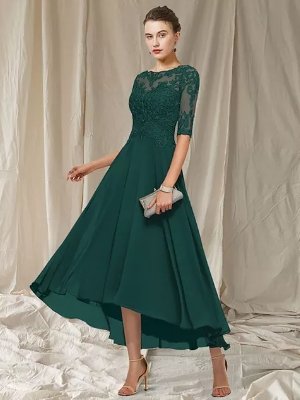 Women’s Evening Gown | Lace-Top Illusion Sleeves | 100% Polyester | Ankle-Length Formal Dress