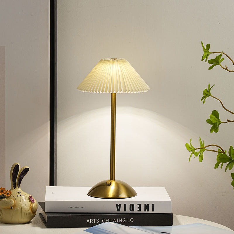 Contemporary Scandinavian Rechargeable Conical Pleated LED Table Lamp made of Iron Fabric for Nightstand