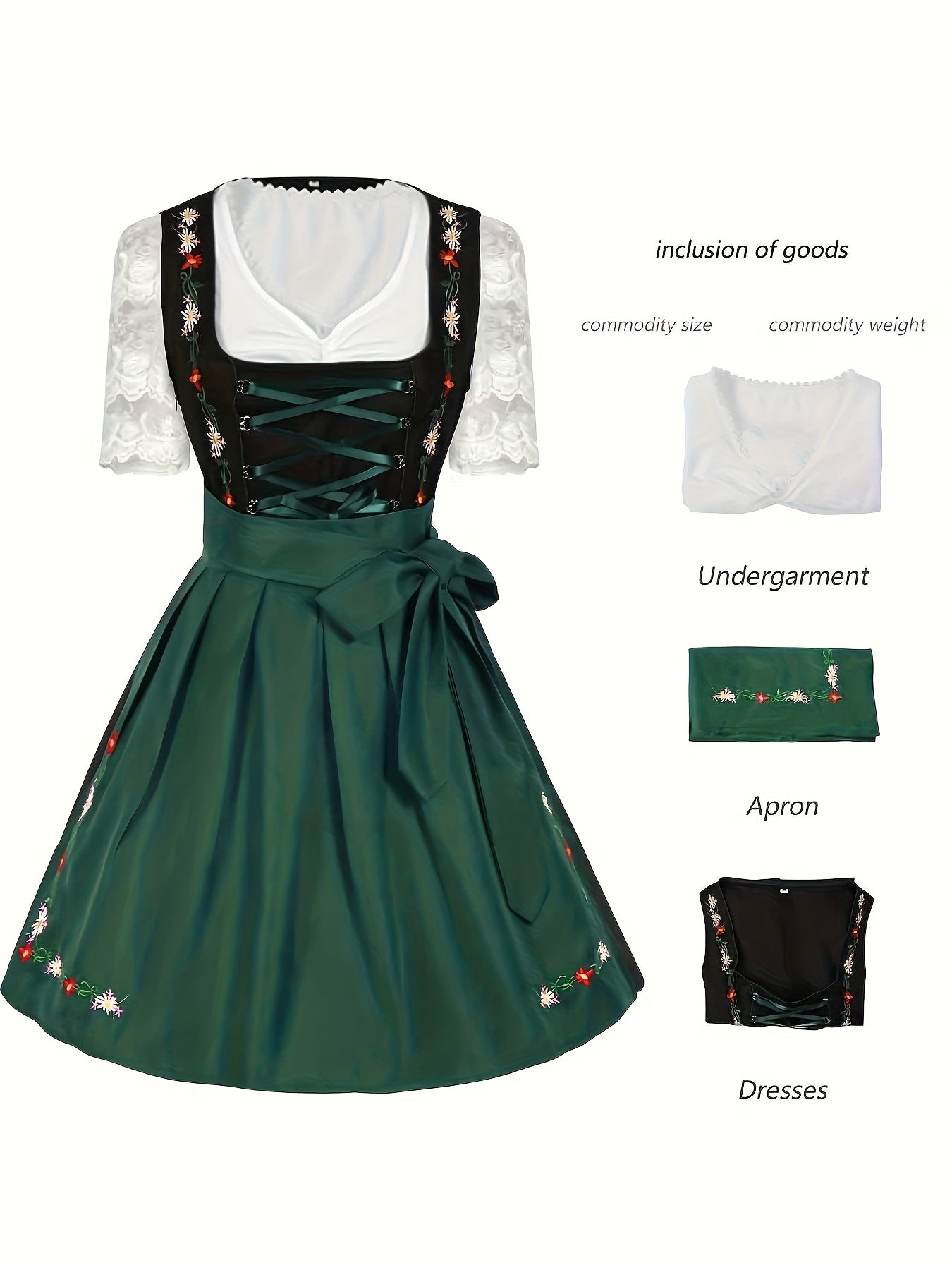 Women's Bavarian Oktoberfest Dirndl Dress with Floral Embroidery and Lace Sleeves