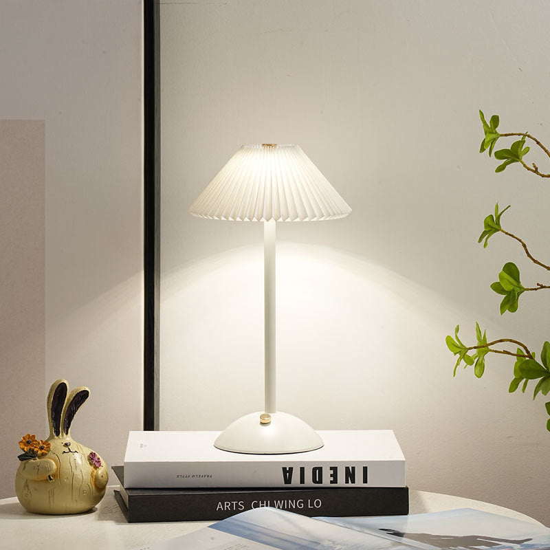 Contemporary Scandinavian Rechargeable Conical Pleated LED Table Lamp made of Iron Fabric for Nightstand