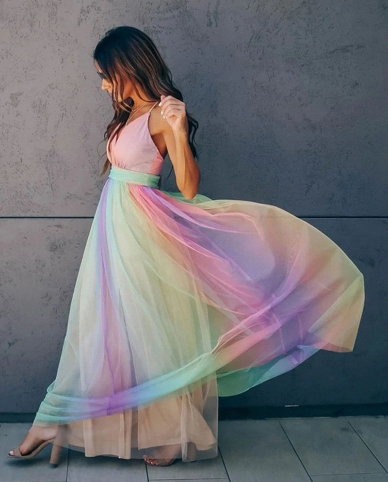 Women's Maxi Dress | Vibrant Rainbow Design | Layered Sheer Overlay | Comfortable Fit