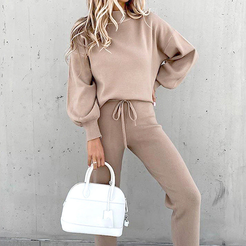 Women’s Two-Piece Loungewear Set | Soft Luxurious Fabric & Balloon Sleeves | High-Waist Jogger Pants with Pockets | Comfortable Warm Fit