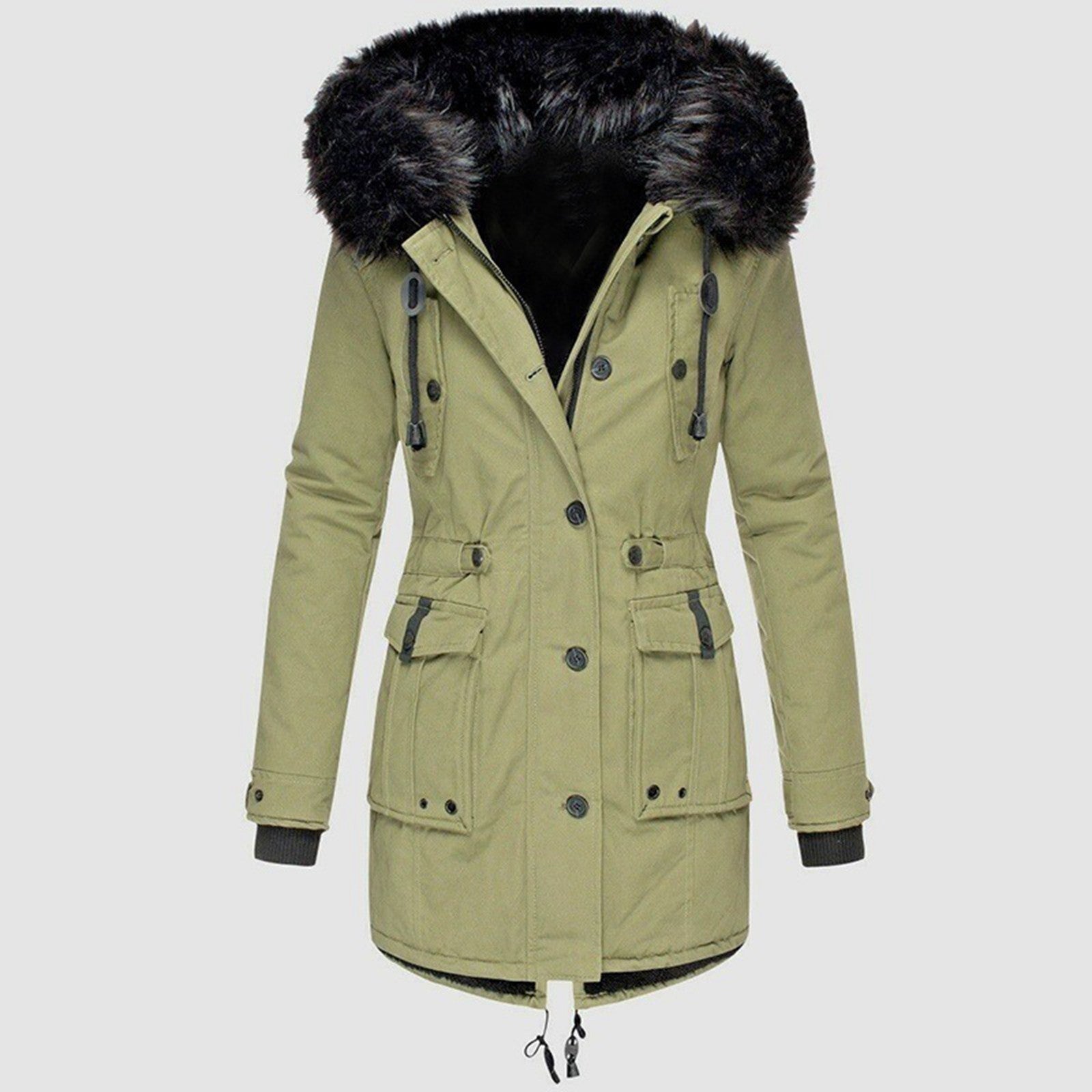 Women’s Parka Coat | Faux Fur Hood & Insulated | Adjustable Waist & Multiple Pockets | Wind Protection