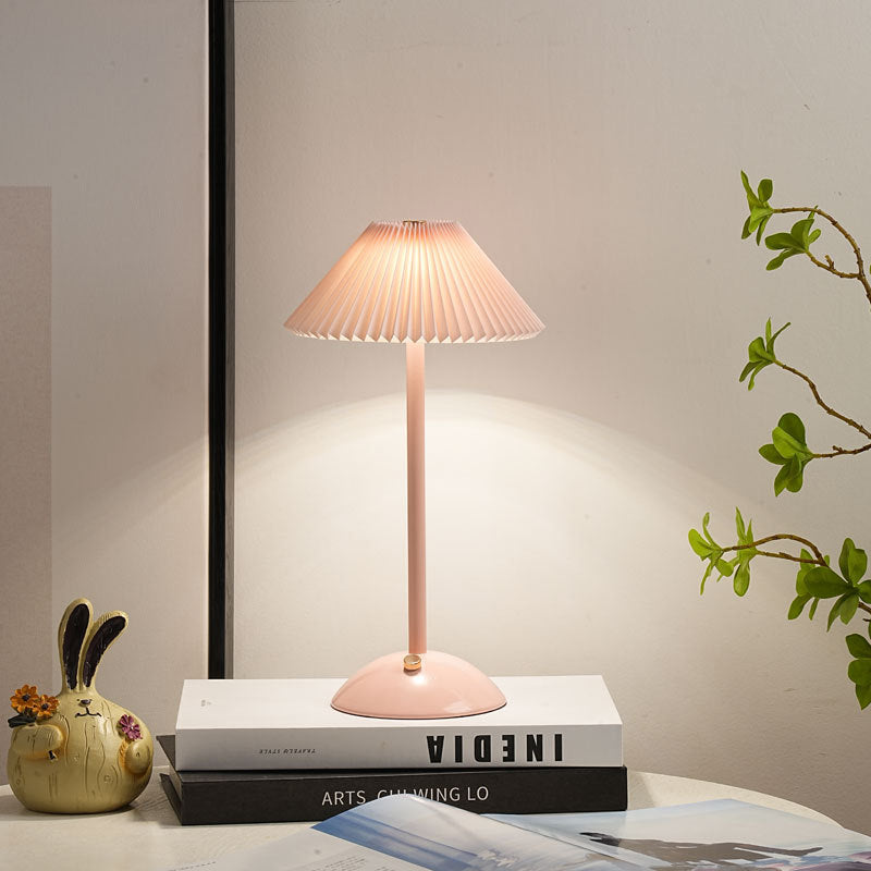 Contemporary Scandinavian Rechargeable Conical Pleated LED Table Lamp made of Iron Fabric for Nightstand