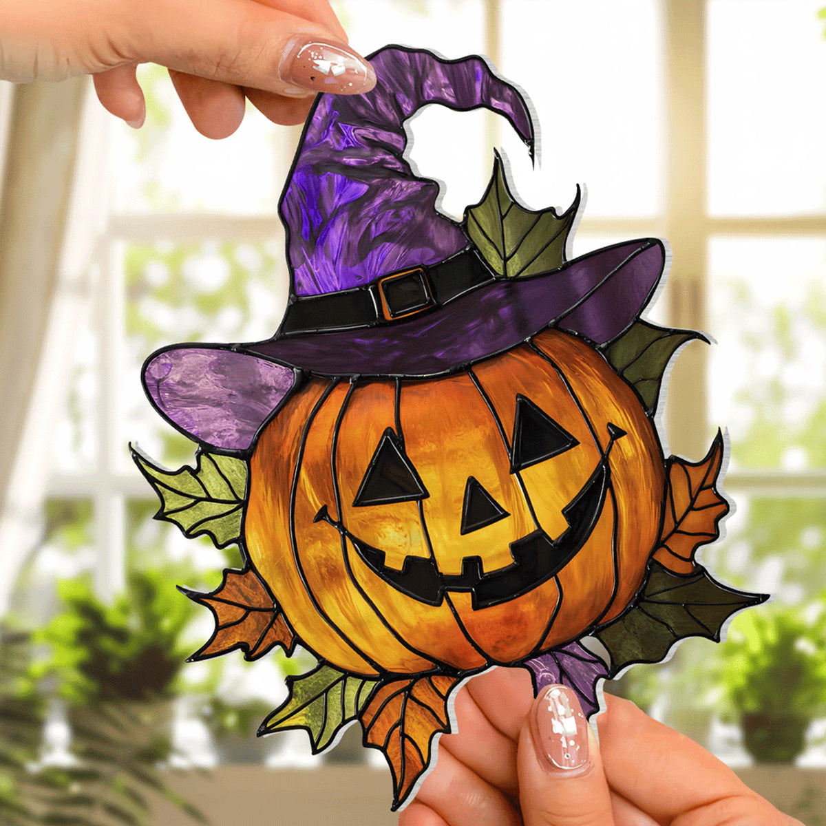 Halloween Jack-O'-Lantern Window Suncatcher with Vibrant Light Effects