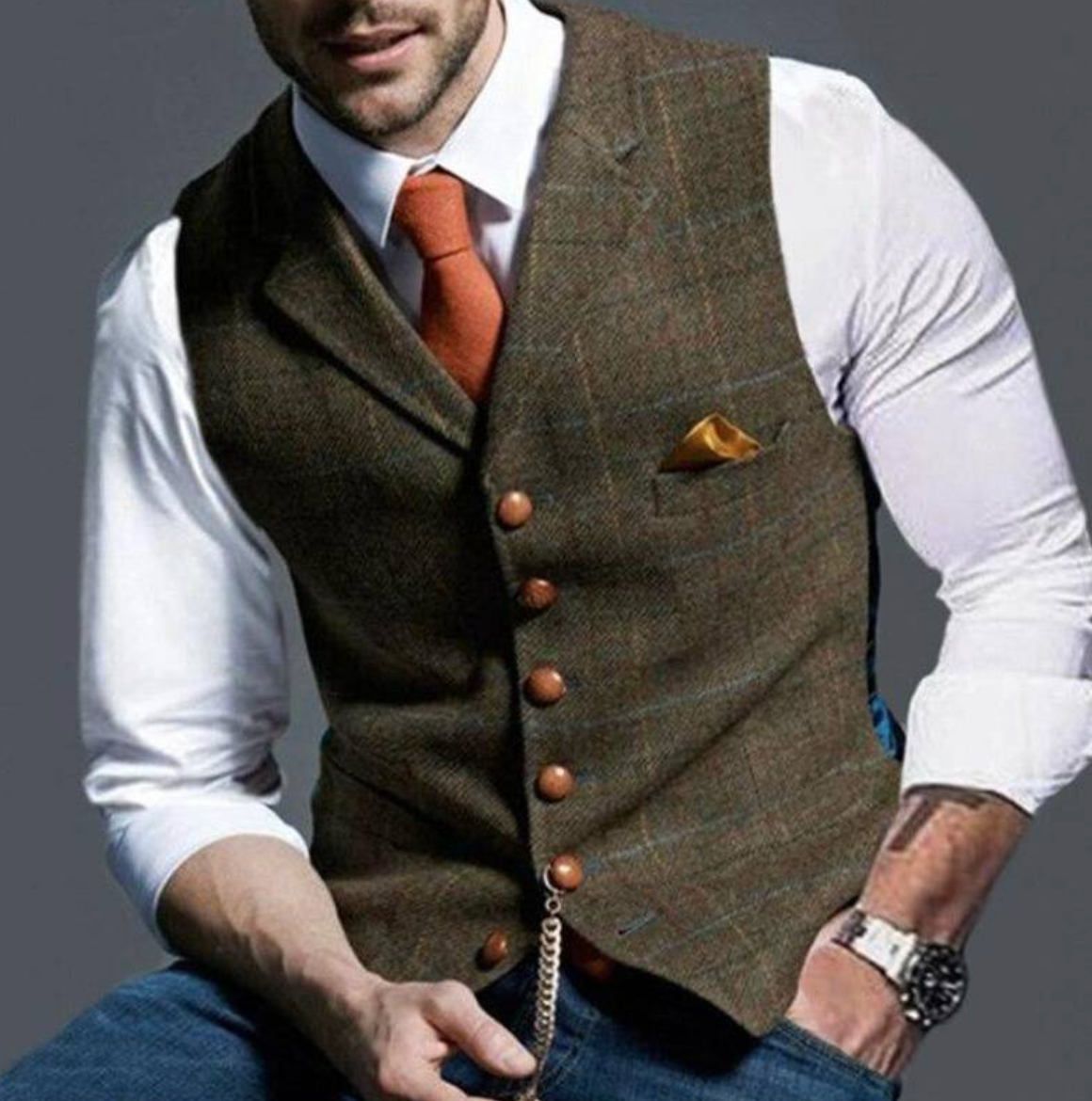 Men’s Vest | Vintage Style with Pocket Watch Chain | Textured Woven Fabric | Timeless Sophistication