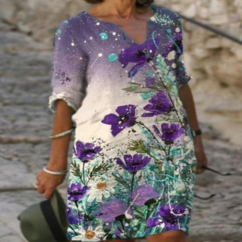 Women's Knee-Length Dress | Timeless V-Neck & 3/4 Sleeves | Polyester Fiber | All-Day Comfort