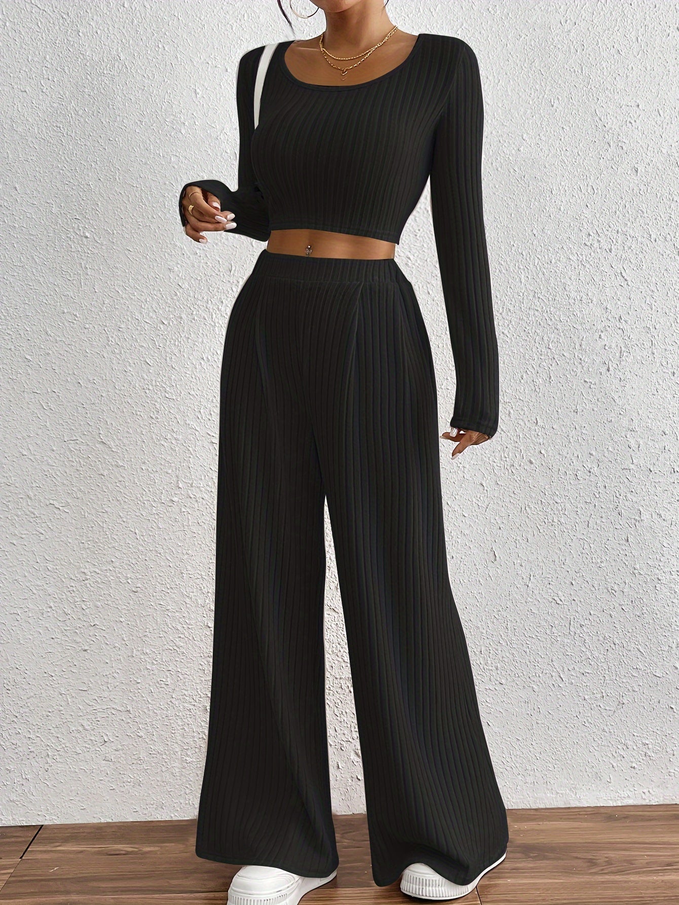 Ribbed Crew Neck Top | Long Sleeve | Stylish Fall Winter Wear | Polyester