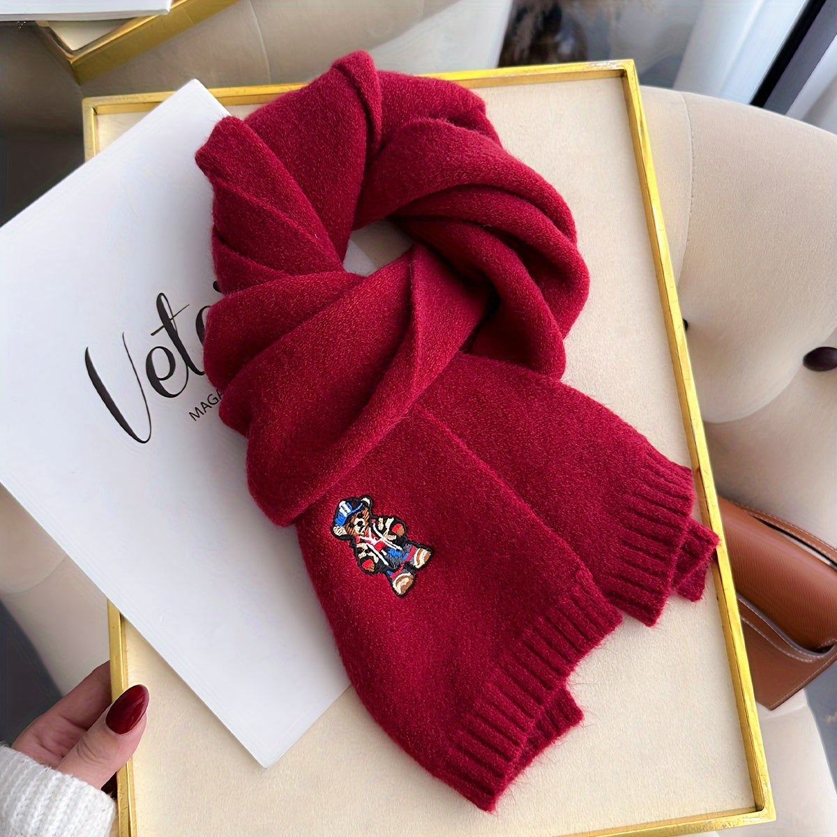 Winter Scarf | Soft Warmth | Stylish Bear Embroidery | Polyester
