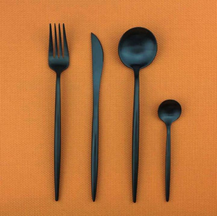 Cutlery Set | Black Stainless Steel with Mirrored Finish | 24 or 48 Pieces | Ergonomic & Durable Design