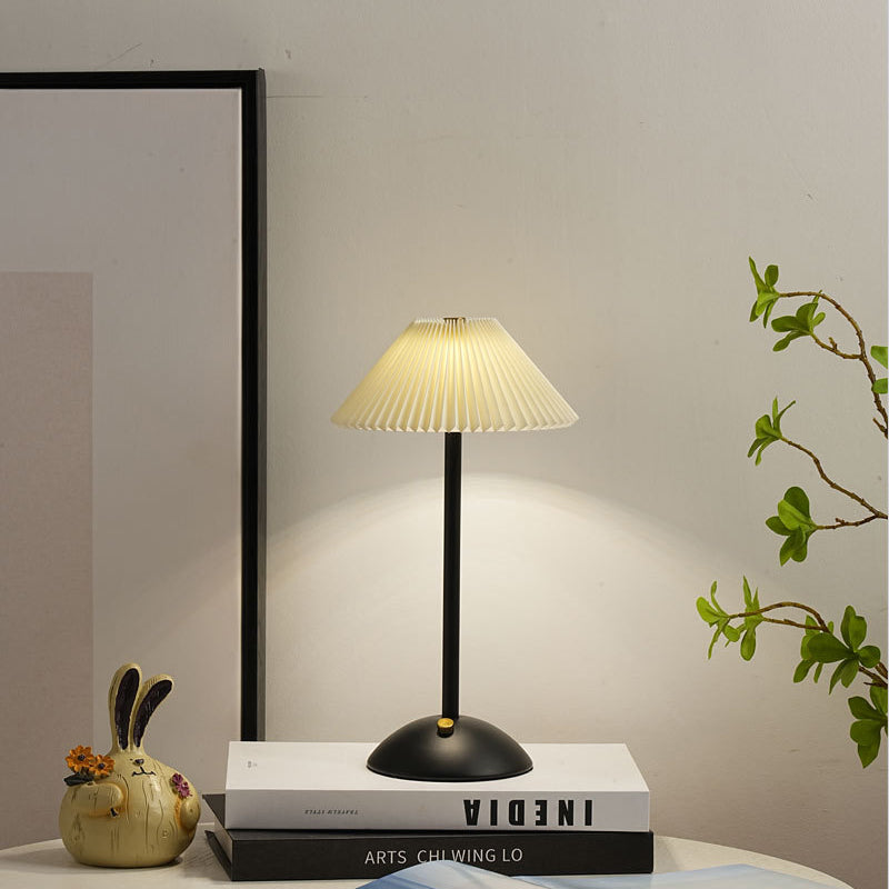 Contemporary Scandinavian Rechargeable Conical Pleated LED Table Lamp made of Iron Fabric for Nightstand