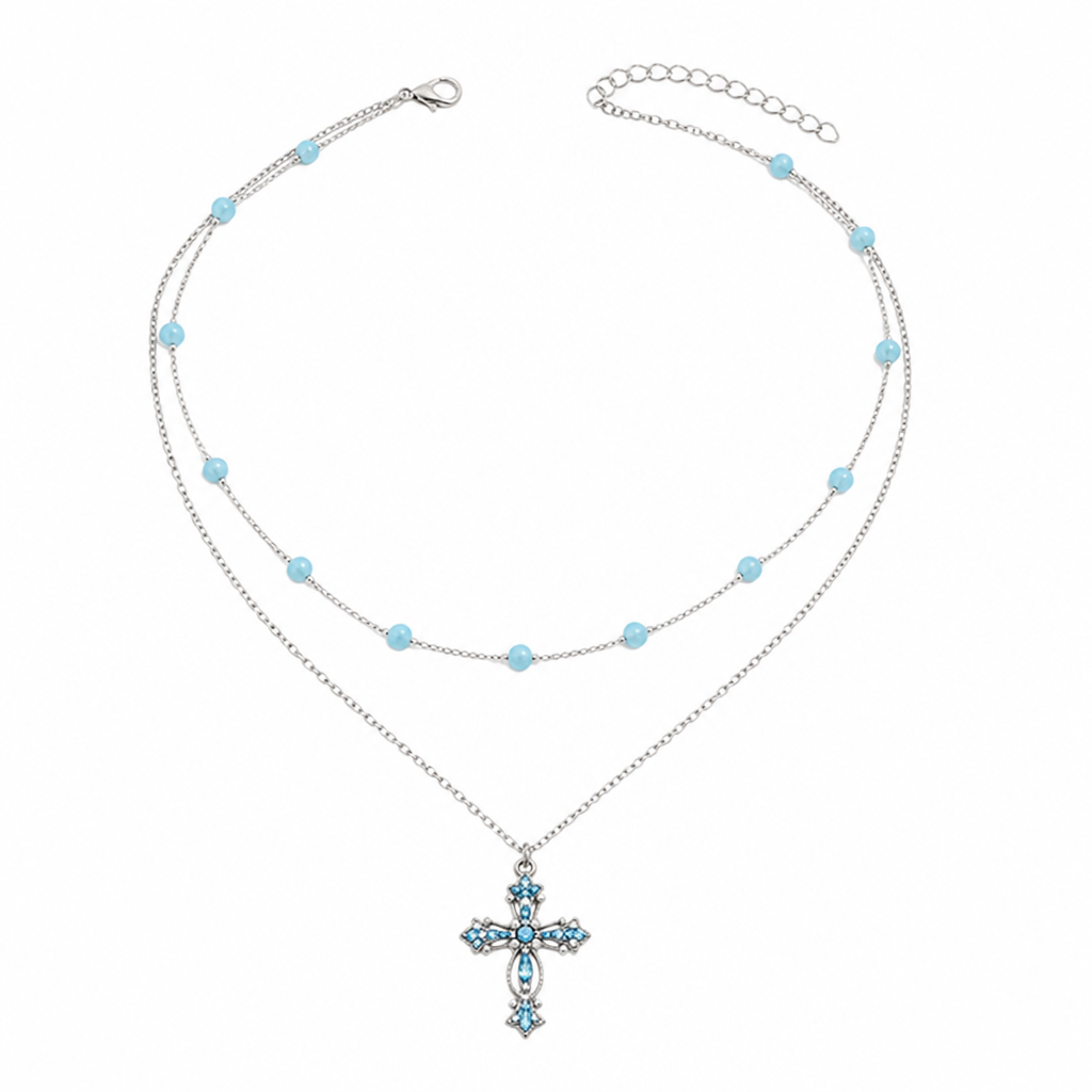 Metal Cross Pendant Necklace with Beaded Chain