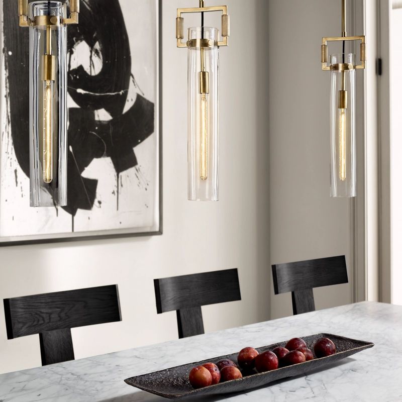 Lorian Glass Cylinder Pendant — Industrial Brass and Glass Lighting Fixture