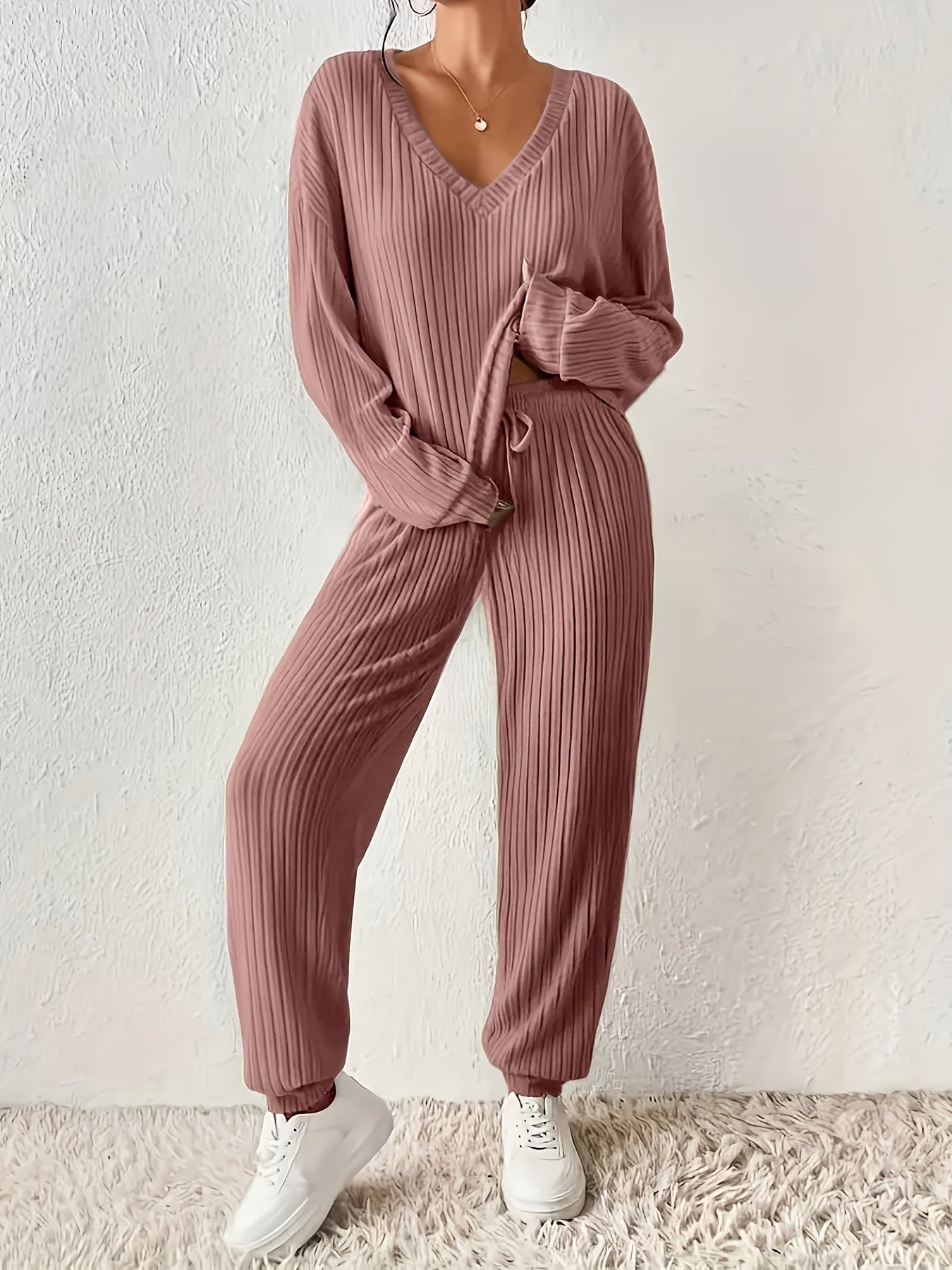 Women’s Knit Jumpsuit | V-Neck Long Sleeve | Cozy Fall Winter Wear | Polyester