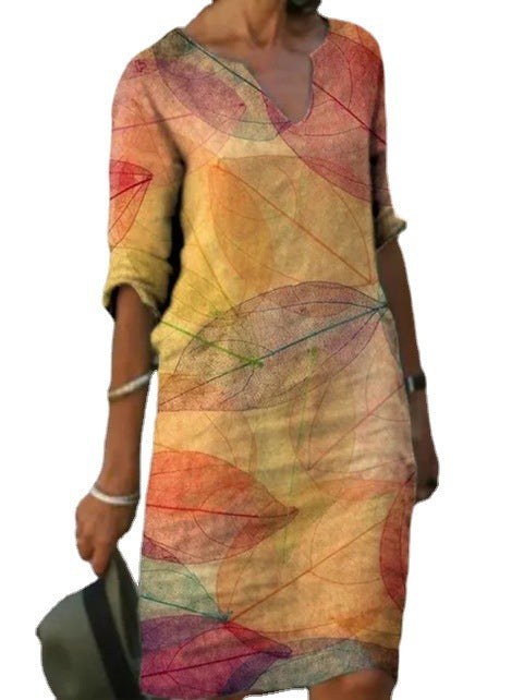 Women's Knee-Length Dress | Timeless V-Neck & 3/4 Sleeves | Polyester Fiber | All-Day Comfort