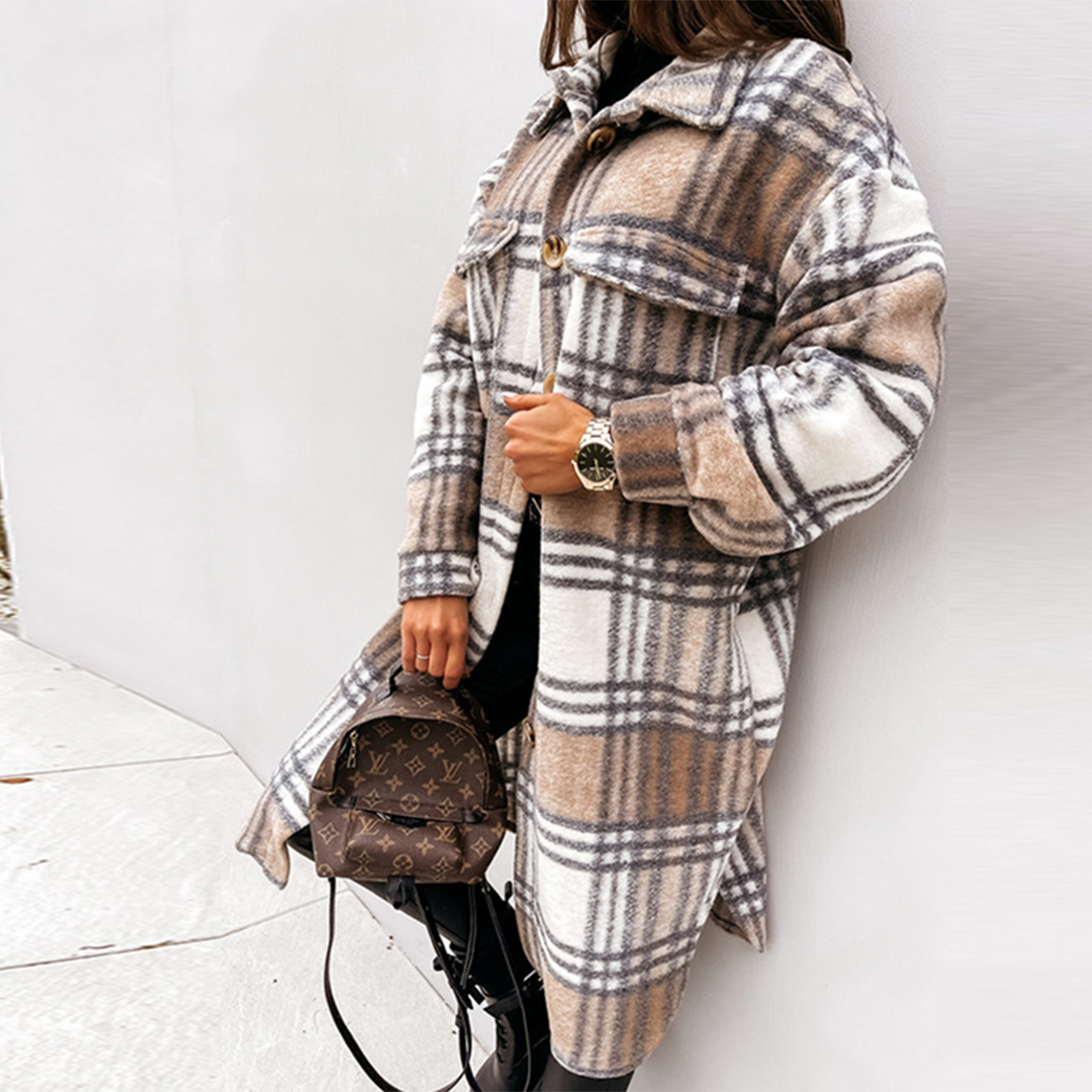 Women’s Longline Coat | Plaid Pattern | Wool Blend & Front Button Closure | Versatile Fall Outerwear