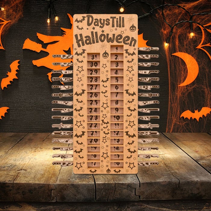 Halloween Countdown Wooden Advent Calendar with 31 Sliding Knives