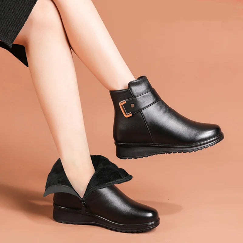 Women’s Orthopedic Boots | Genuine Leather & Wool Fur-Lined | Adjustable Buckle Strap | Comfortable Fit