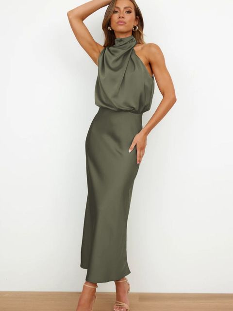 Women's Halter-Neck Draped Midi Dress | Sleeveless Elegant Design | 100% Polyester | Versatile Evening Wear