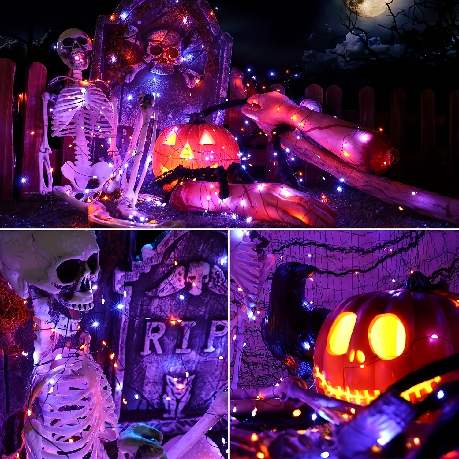 Solar-Powered Halloween String Lights Orange and Purple 8 Flash Modes