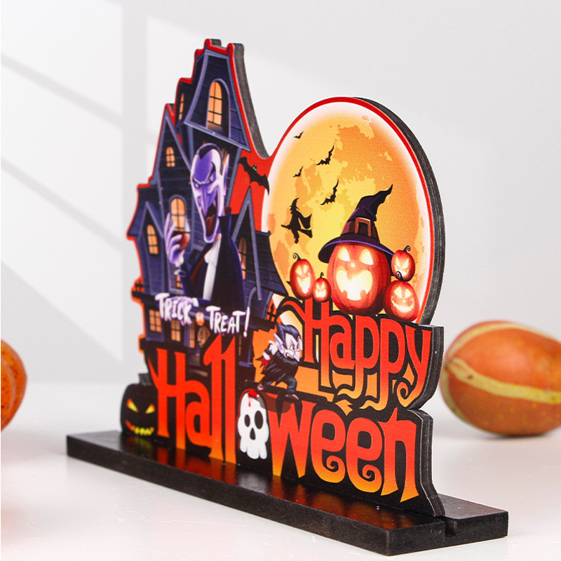 Halloween Wooden Table Decoration with Pumpkin and Spooky Motifs