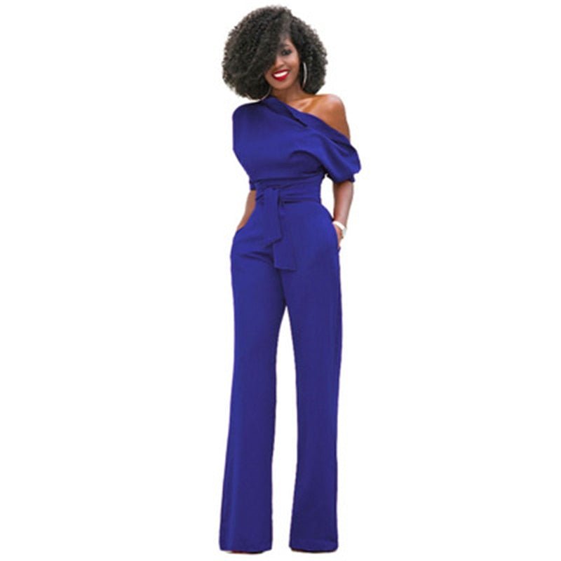 Women’s One-Shoulder Belted Wide-Leg Jumpsuit | Acrylic Fabric | Waist Tie Belt | Comfortable Fit