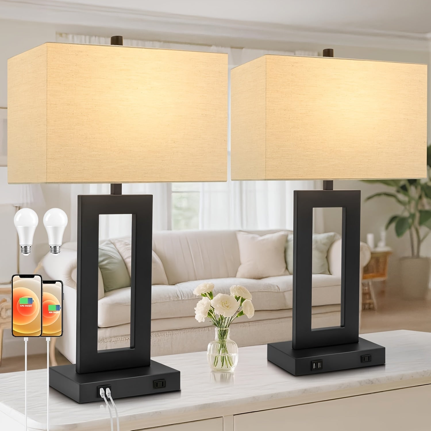 Smart Touch Table Lamps Duo with USB Ports – Adjustable Brightness
