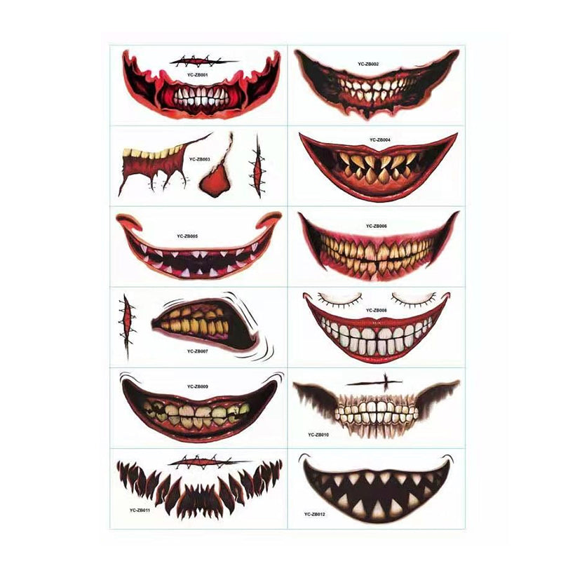 Halloween Temporary Tattoo Stickers for Scary Clown Mouth & Scars