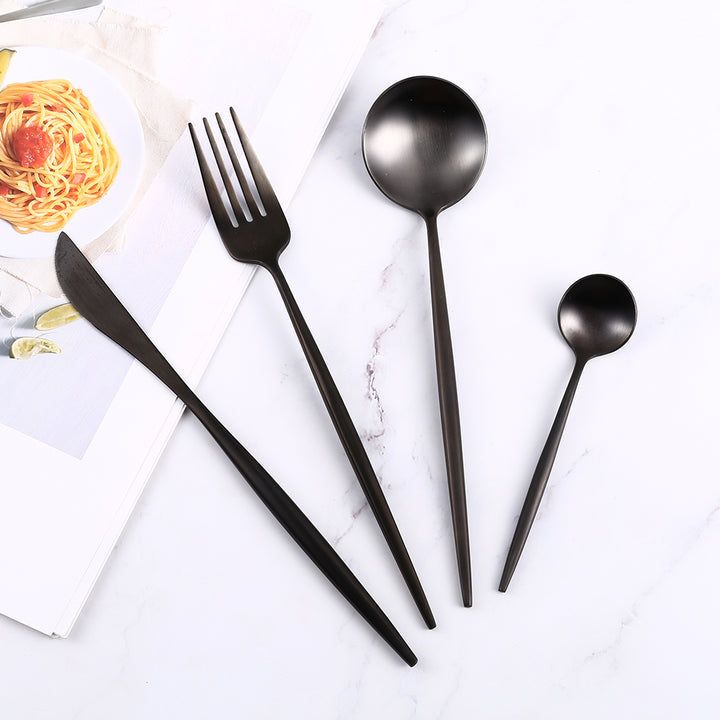 Cutlery Set | Black Stainless Steel with Mirrored Finish | 24 or 48 Pieces | Ergonomic & Durable Design