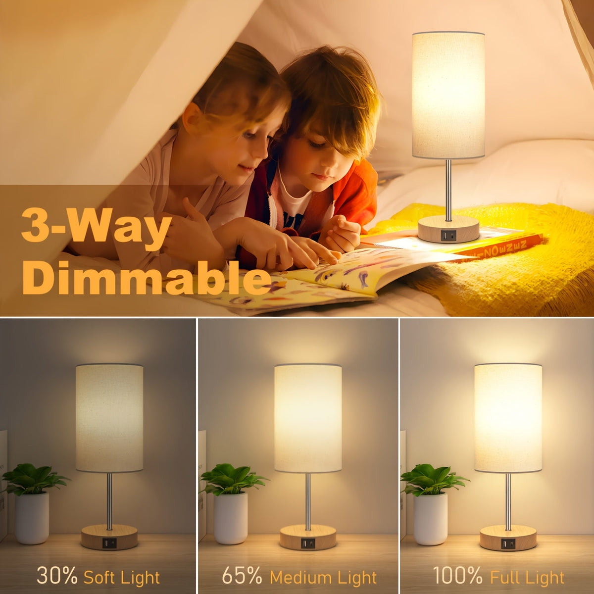 Set of 2 Touch-Controlled USB-Enabled Dimmable Table Lamps