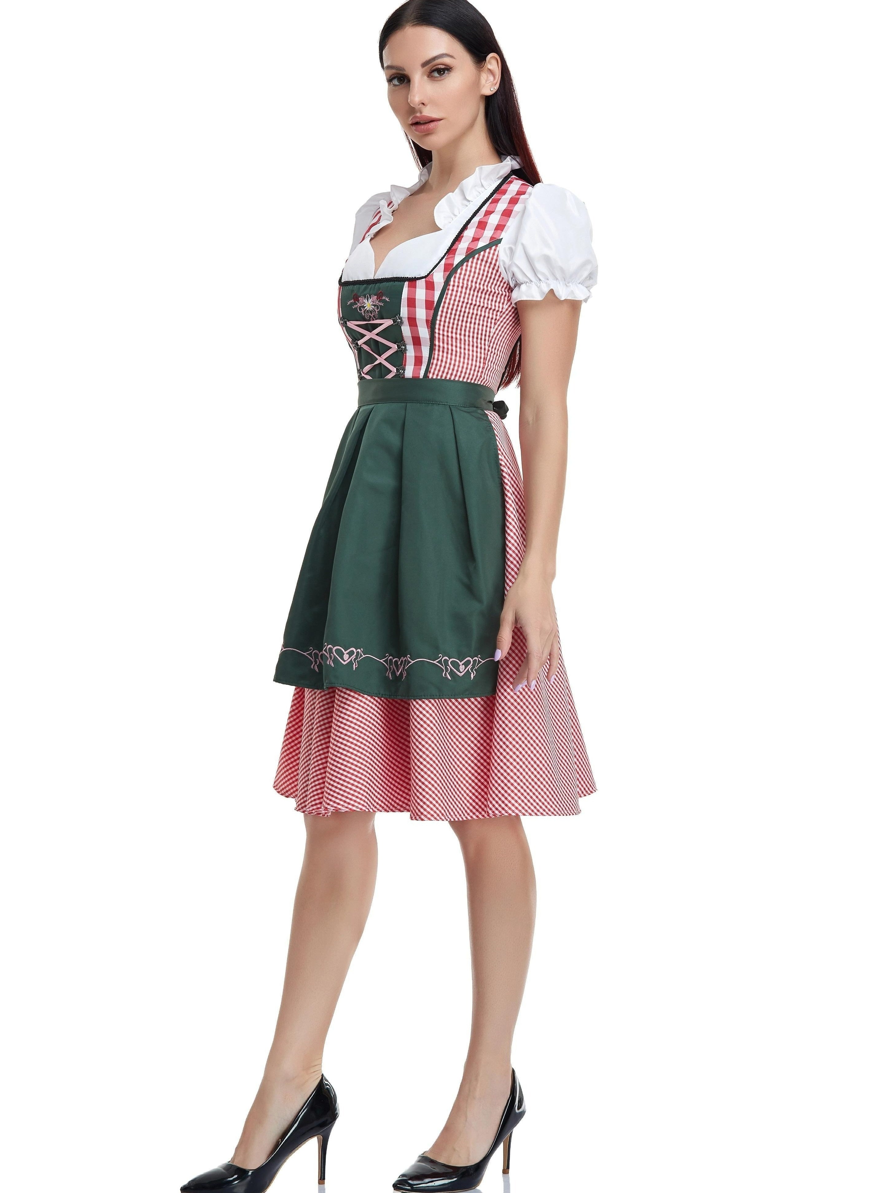 Women's Oktoberfest Plaid Gingham Dress with Lace-Up Back and Apron