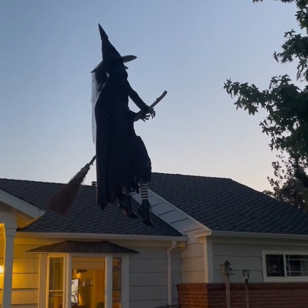 Life-Size Flying Witch Halloween Animatronic with Glowing Eyes and Sounds