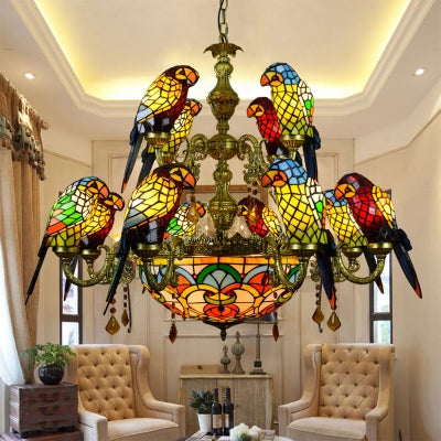 12 Arm Taavita Suspension Light with Lightly Rustic Stained Glass Chandelier and Yellow Center Bowl