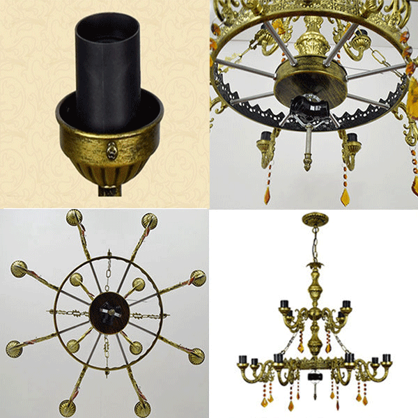 12 Arm Taavita Suspension Light with Lightly Rustic Stained Glass Chandelier and Yellow Center Bowl