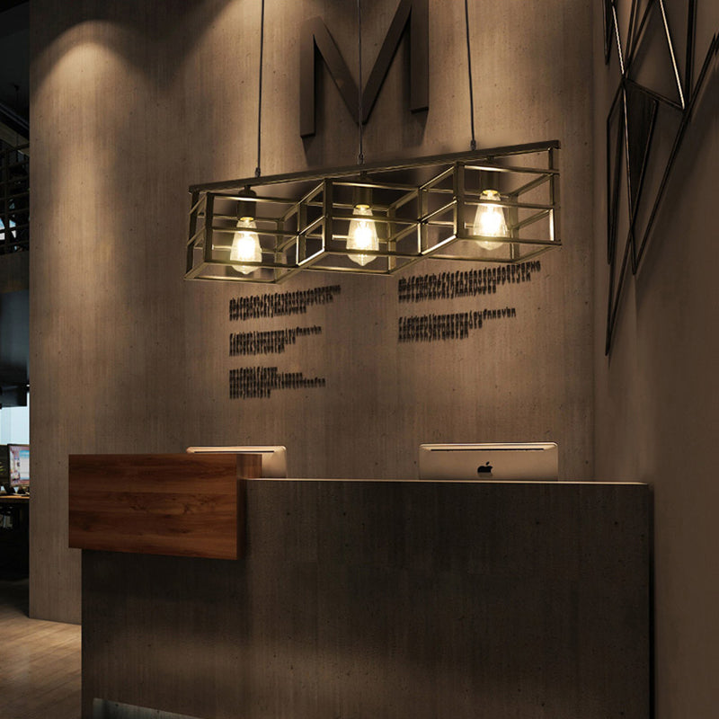 Taavita Industrial Vintage Linear Cage Suspension Light - 3 Bulbs Metal Hallway Pendant Lamp