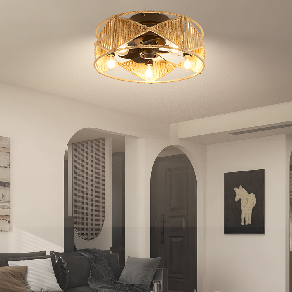 20-inch Rope-Woven Caged Ceiling Fan with Light and Remote, 6-Speed