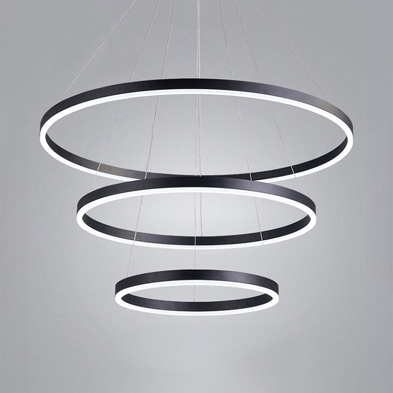 1/2/3-Ring Living Room Ceiling Light Black Chandelier with Acrylic Shade in Warm/White Light Black Double Ring Clearhalo 'Ceiling Lights' 'Chandeliers' 'Modern Chandeliers' 'Modern' Lighting' 113146
