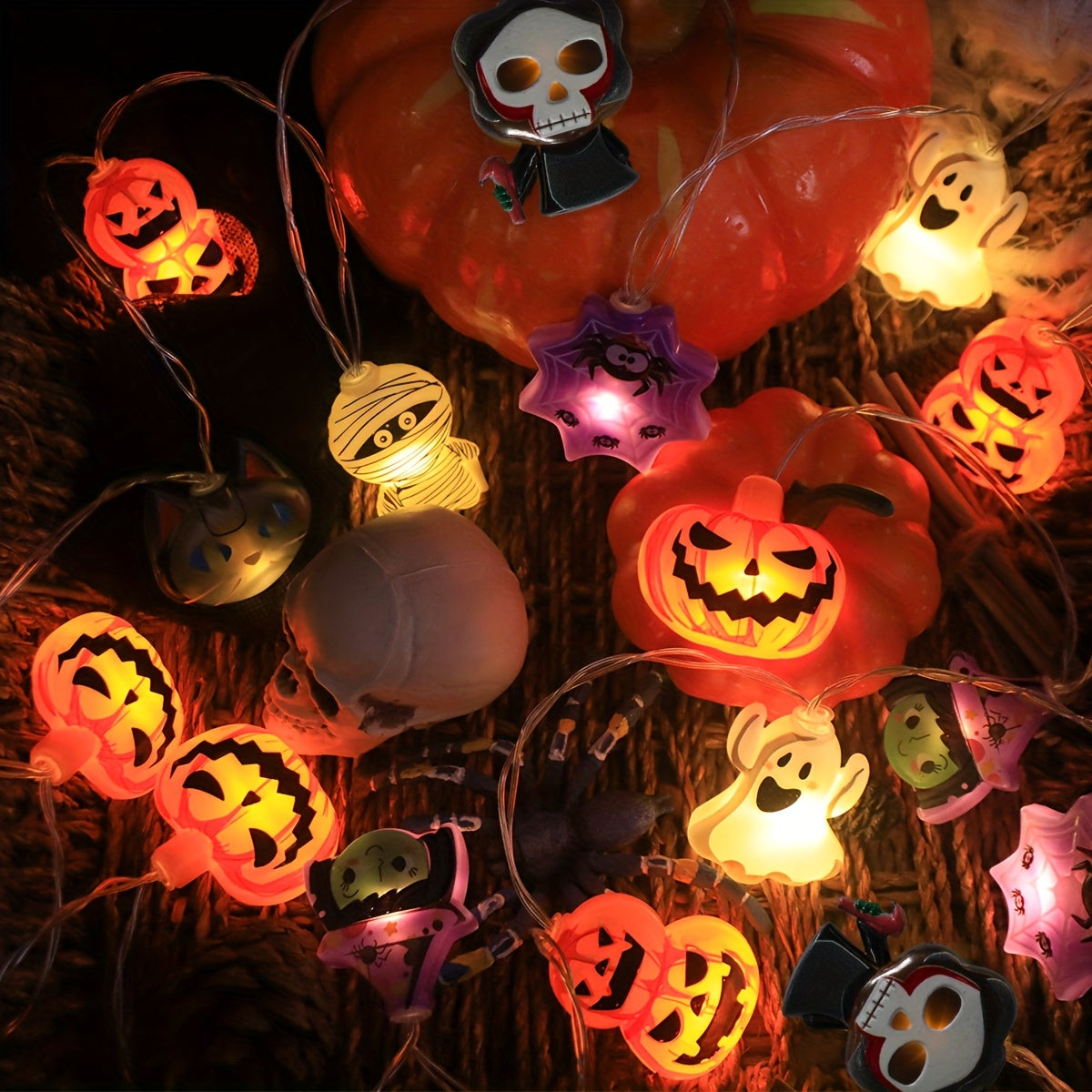 Battery-Operated Halloween String Lights with Pumpkin and Spider Design
