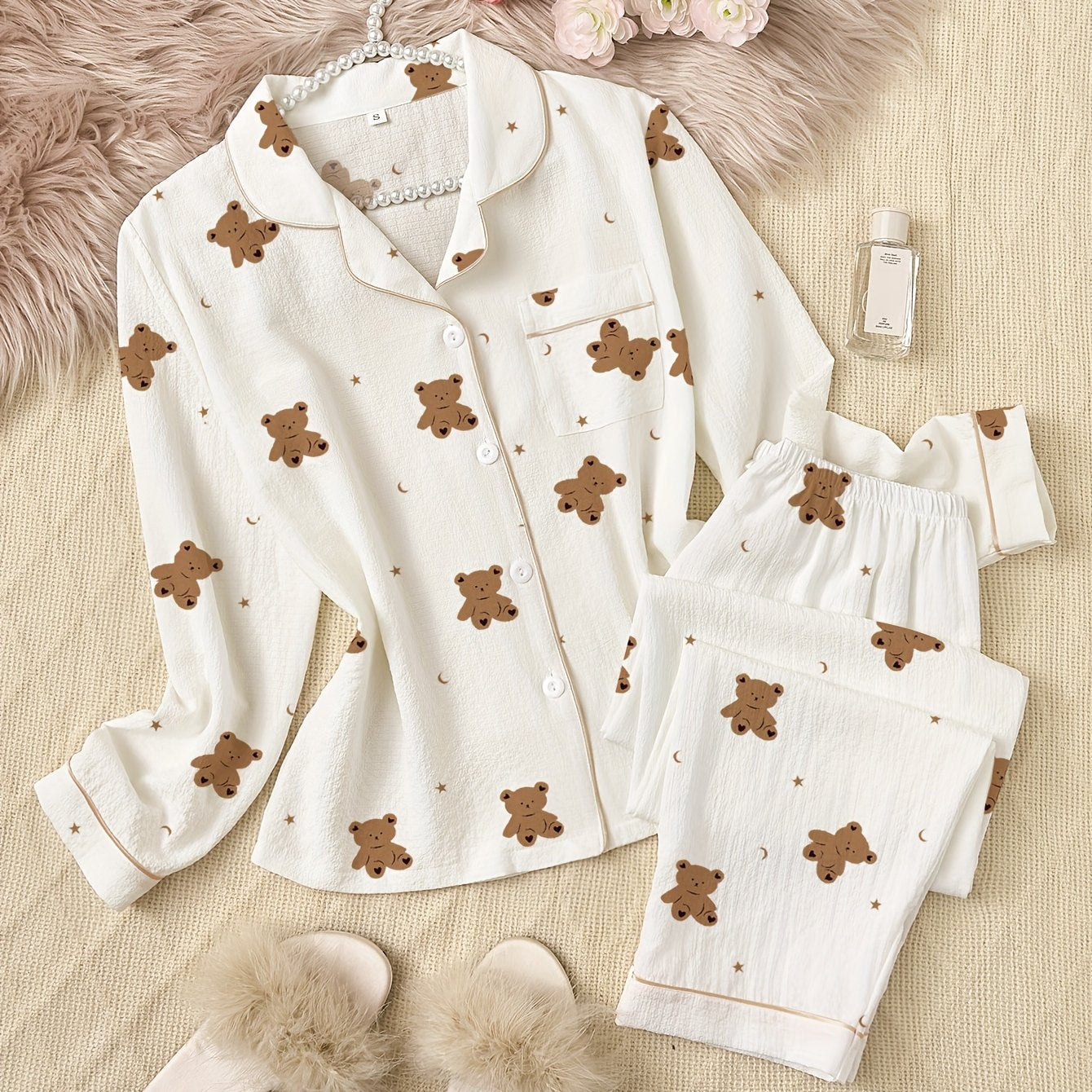 Long Sleeve Pajama Set | Cartoon Bear Print | Cozy Warm Comfort | Polyester