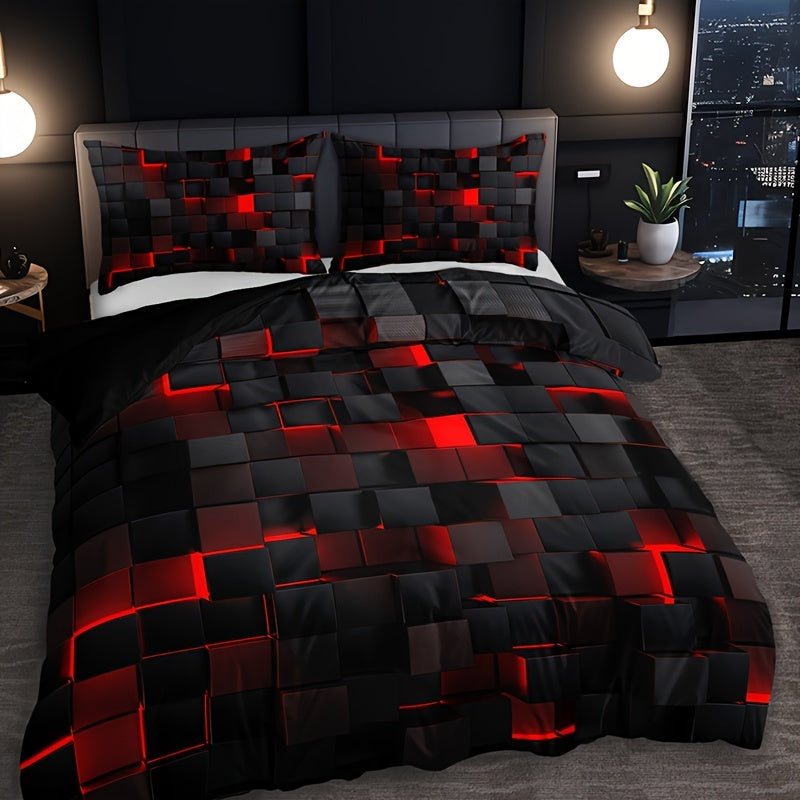 Duvet Cover Set | 3D Plaid Design | Soft Durable Comfort | Polyester