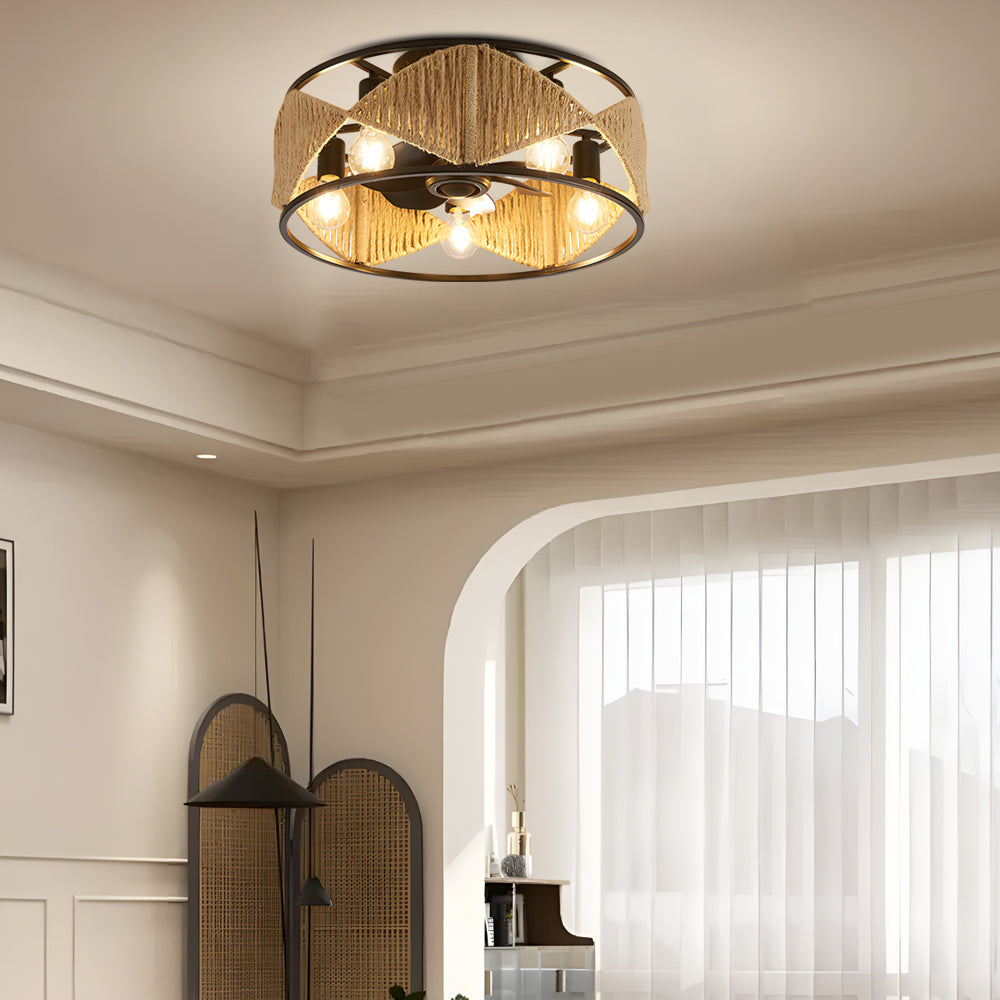 20-inch Rope-Woven Caged Ceiling Fan with Light and Remote, 6-Speed