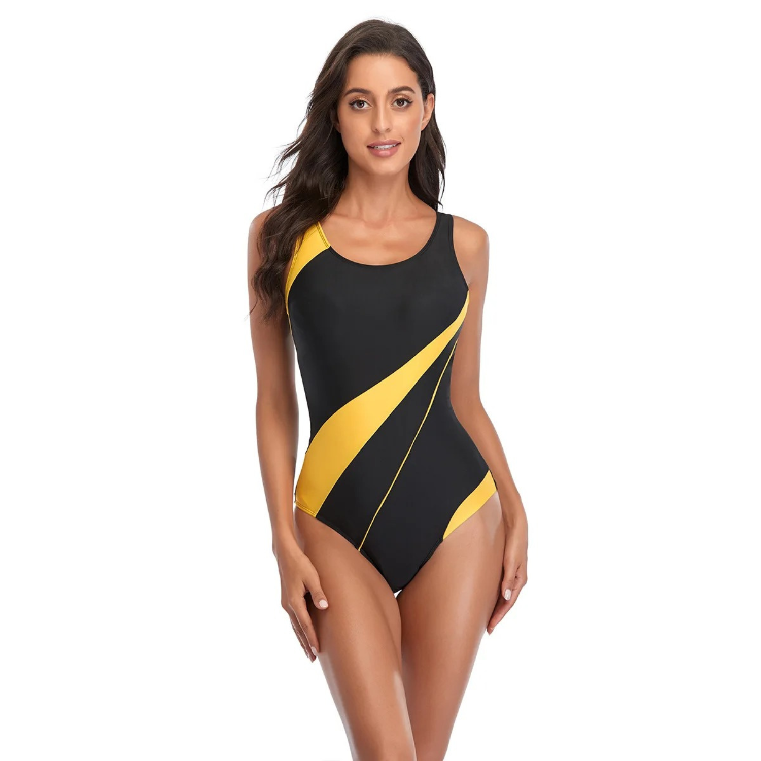 Women’s One-Piece Swimsuit | Black-and-White Pattern & Deep V-Neckline | Polyester & Elastane | Supportive Fit and Comfortable Design