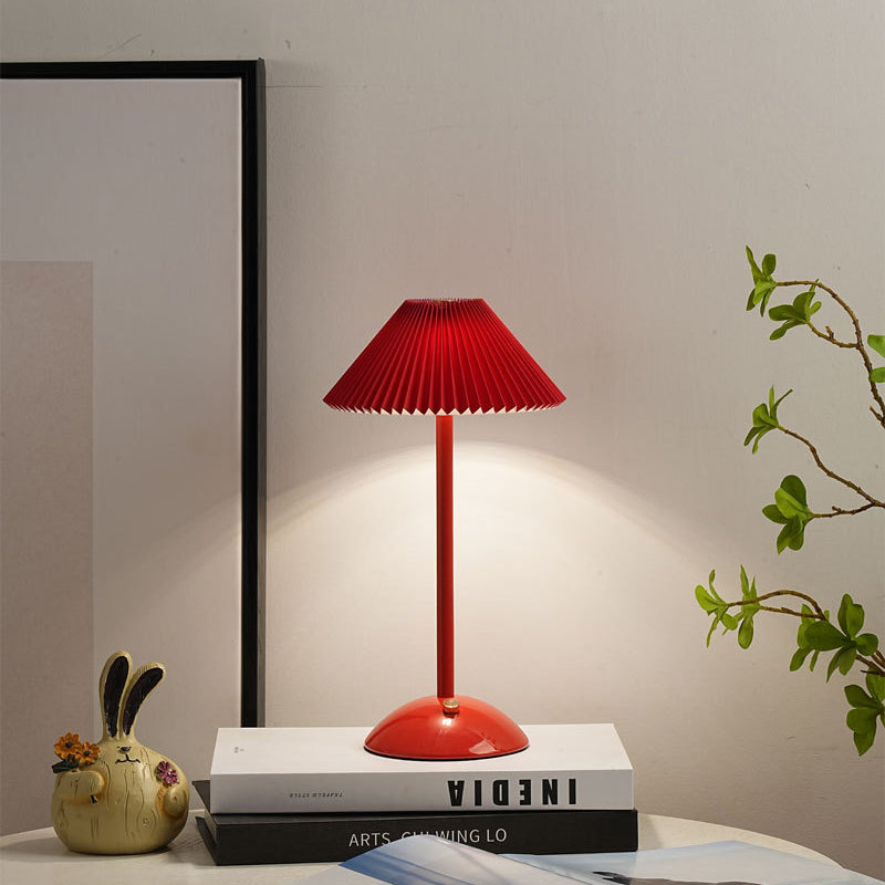 Contemporary Scandinavian Rechargeable Conical Pleated LED Table Lamp made of Iron Fabric for Nightstand