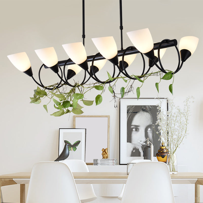 Linear Kitchen Pendant Light Fixture Modern White Glass 6/8/10 Lights Black Hanging Lamp Kit, Down/Up Clearhalo 'Ceiling Lights' 'Glass shade' 'Glass' 'Island Lights' Lighting' 1207749