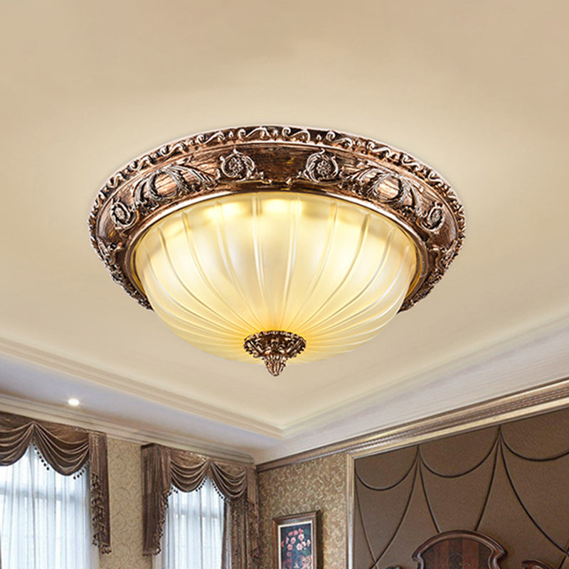 Traditional Bowl Ceiling Light Fixture Ribbed Frosted Glass 14"/16"/19.5" W LED Flush Mount in Brown Clearhalo 'Ceiling Lights' 'Close To Ceiling Lights' 'Close to ceiling' 'Flush mount' Lighting' 1272769
