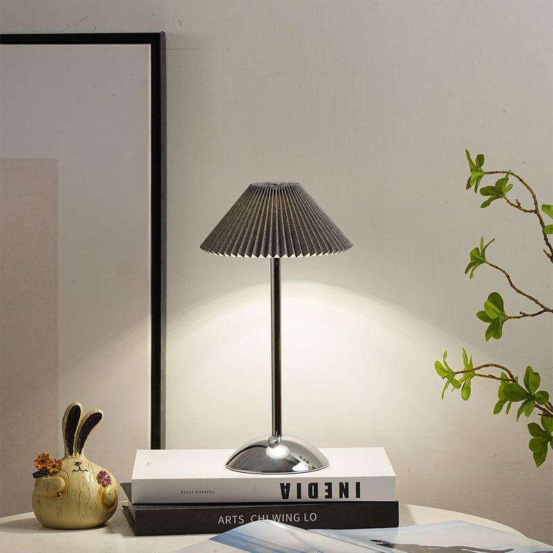 Contemporary Scandinavian Rechargeable Conical Pleated LED Table Lamp made of Iron Fabric for Nightstand