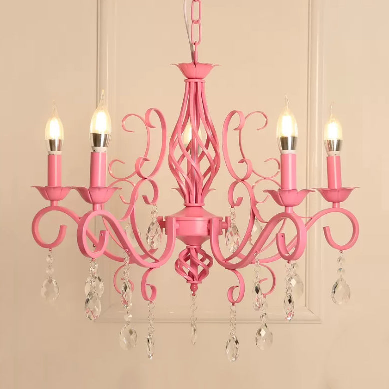 Girls Bedroom Chandelier Ceiling Light, Modern Pink Hanging Lamp with Candle and Clear Crystal, Size 20 to 24 Inch