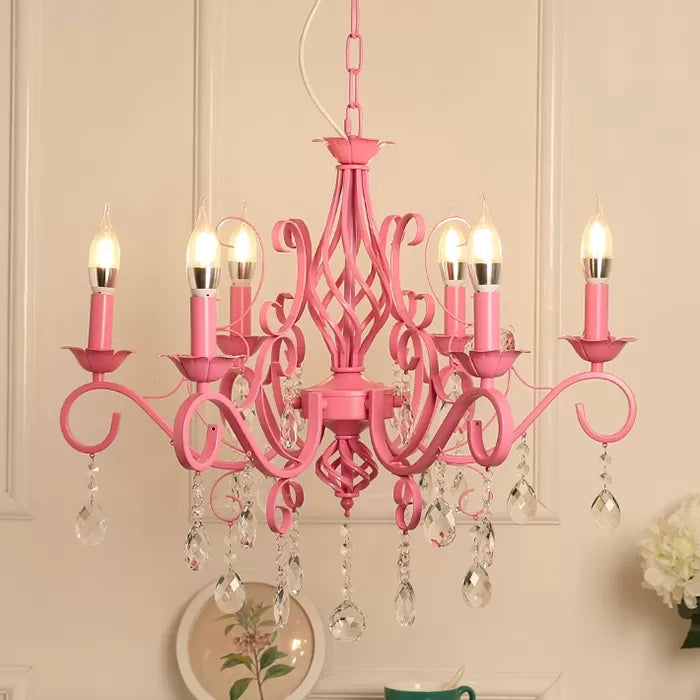Bedroom Chandelier Ceiling Light for Girls, Hanging Lamp in Pink with Candle and Clear Crystal Modern Style Clearhalo 'Ceiling Lights' 'Chandeliers' Lighting' options 13340